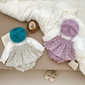 Осенне-весенняя одежда для маленьких девочек, хлопковая футболка с длинными рукавами и принтом + шорты из полипропилена, Комплект одежды для новорожденных девочек