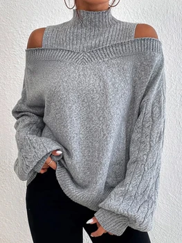 Осенне-зимняя мода 2023, Новый однотонный Элегантный пуловер-джемпер с высоким вырезом и открытыми плечами, свободный рукав, Длинный