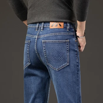 Осенние Новые мужские обычные джинсы, Тонкие прямые Удобные джинсовые брюки Стрейч, Модные повседневные мужские брюки, брендовая одежда, черный, синий цвет.