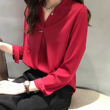 Осенние рубашки с V-образным вырезом, женский шелковый топ с длинными рукавами, Корейская версия шифоновой рубашки, высококачественные топы для нежного темперамента