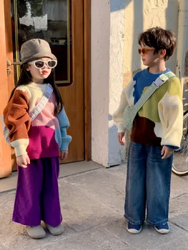 Осенняя детская одежда, детский свитер для девочек, вязаные топы ярких цветов, Модный свободный пуловер, свитер для мальчиков, хлопковые детские свитера