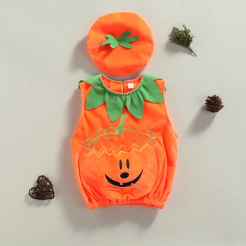 Осенняя одежда для мальчиков и девочек на Хэллоуин из 2 предметов с оранжевой вышивкой в виде тыквы, жилет без рукавов, топы и кепка в форме тыквы