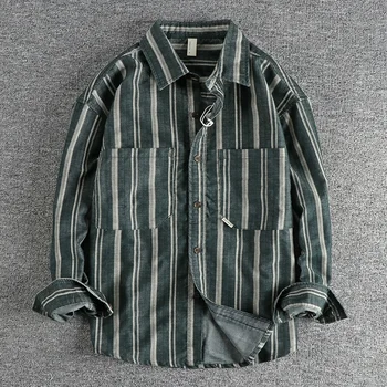 Повседневная мужская рубашка из ткани в полоску, окрашенной пряжей 2023, осенний ежедневный тренд, молодежная рубашка свободного кроя, куртка 445