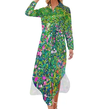 Повседневное платье Gustav Klimt Art, Итальянские садовые уличные платья с длинным рукавом, Элегантное женское шифоновое платье большого размера с V-образным вырезом и принтом
