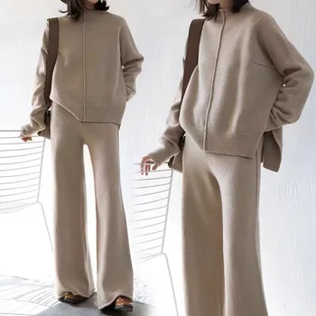 Повседневные широкие брюки, Модный вязаный свитер с высоким воротом, свободный комплект из двух предметов, женская элегантная темпераментная уличная одежда