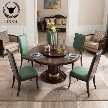 Роскошный обеденный стол из массива дерева в американском стиле, круглый стол с поворотным кругом, гостиничный обеденный стол, комбинация стола и стула для столовой