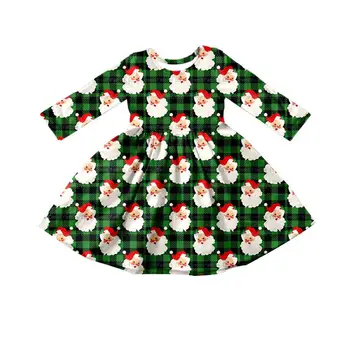 Самая продаваемая Рождественская детская одежда Милое платье для девочек в зеленую клетку для Санта Клауса с длинным рукавом длиной до колен