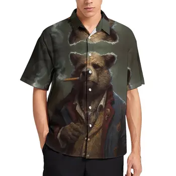 Свободная рубашка с медведем, мужские повседневные рубашки в стиле 