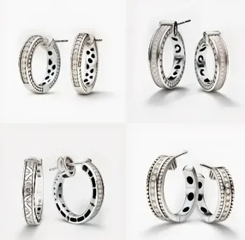 Серьги-кольца Pandora из стерлингового серебра S925 пробы с бриллиантами и серебром в стиле ксилографии
