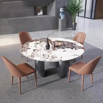 Современный легкий Роскошный домашний скандинавский вращающийся Большой Круглый обеденный стол Комбинация обеденного стола и стула из нержавеющей стали
