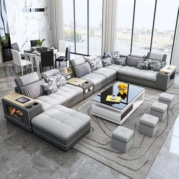 Современный тканевый диван с акустической системой Bluetooth Диваны для гостиной Большой U Образный угловой матерчатый диван с табуретками