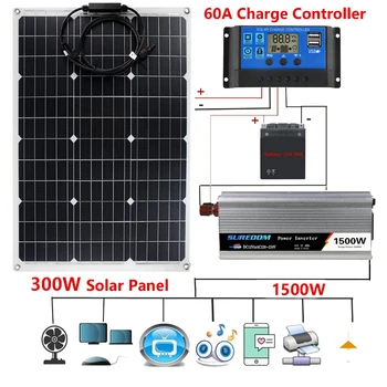 Солнечная энергетическая система мощностью 1500 Вт, комплект инвертора от 12 В до 220 В, солнечная панель мощностью 600 Вт, зарядное устройство в комплекте с контроллером, домашняя сеть, кемпинг, фургон.