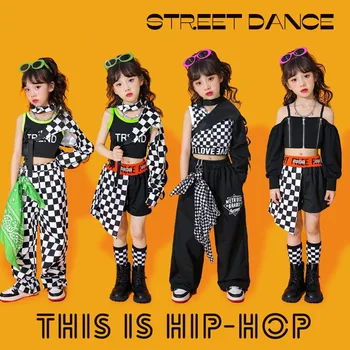 Укороченный топ для девочек в стиле хип-хоп, шорты в клетку, лоскутное шитье, детская майка для уличных танцев, комплекты одежды с рукавами, комплекты детской уличной одежды