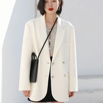 Уличный повседневный Свободный двубортный белый пиджак для женщин, костюм средней длины, топ 2022, весна, осень и зима