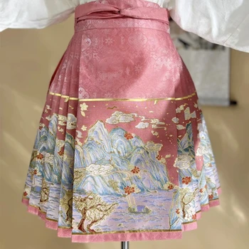 Улучшенная мини-юбка Hanfu в китайском стиле с изысканным пейзажным принтом для женщин, высокая талия, тонкая плиссированная юбка трапециевидной формы с лошадиным лицом