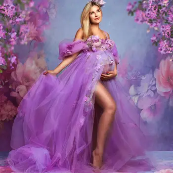 Фиолетовые тюлевые платья для беременных, выпускное платье на бретельках в стиле бохо с 3D цветами, будуарное белье для фотосессии с открытыми плечами