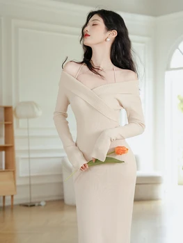 Французское кремово-белое трикотажное платье с V-образным вырезом, приталенное длинное платье 2023, модная женская одежда