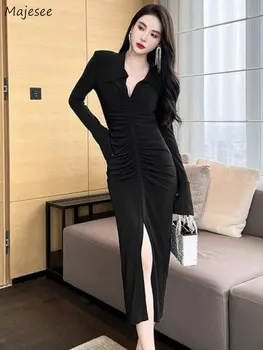 Черные платья Миди, женские платья с разрезом, тонкие складки, французский стиль, сексуальная шикарная уличная одежда с длинным рукавом, женская повседневная элегантная эластичная