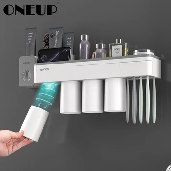 Чехол-держатель для зубной щетки с магнитной адсорбцией ONEUP с 4 чашками, домашний стеллаж для хранения настенных аксессуаров для ванной комнаты
