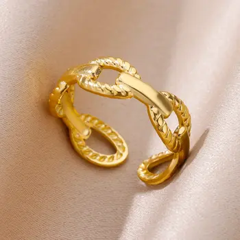 Широкие кольца-цепочки для женщин, мужчин, Золотого цвета, Открытое кольцо из нержавеющей стали, женские вечерние украшения для пальцев, тренд 2023 года, Бесплатная доставка